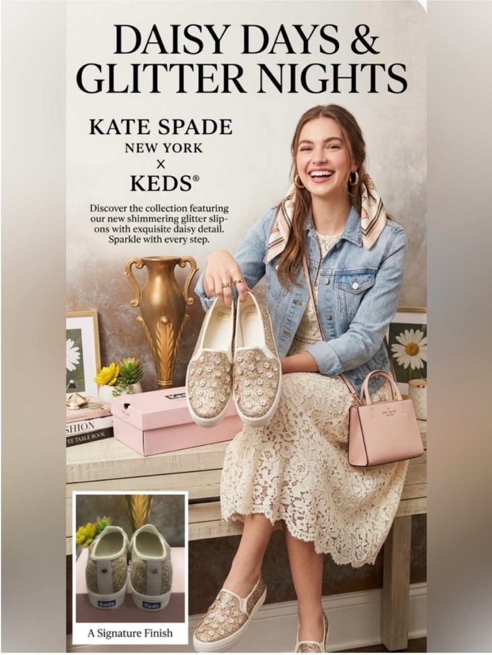 Like New~ Kate Spade/Keds Collab Gold Glitter Daisy Slip-On Sneakers ~ Size 9.5
